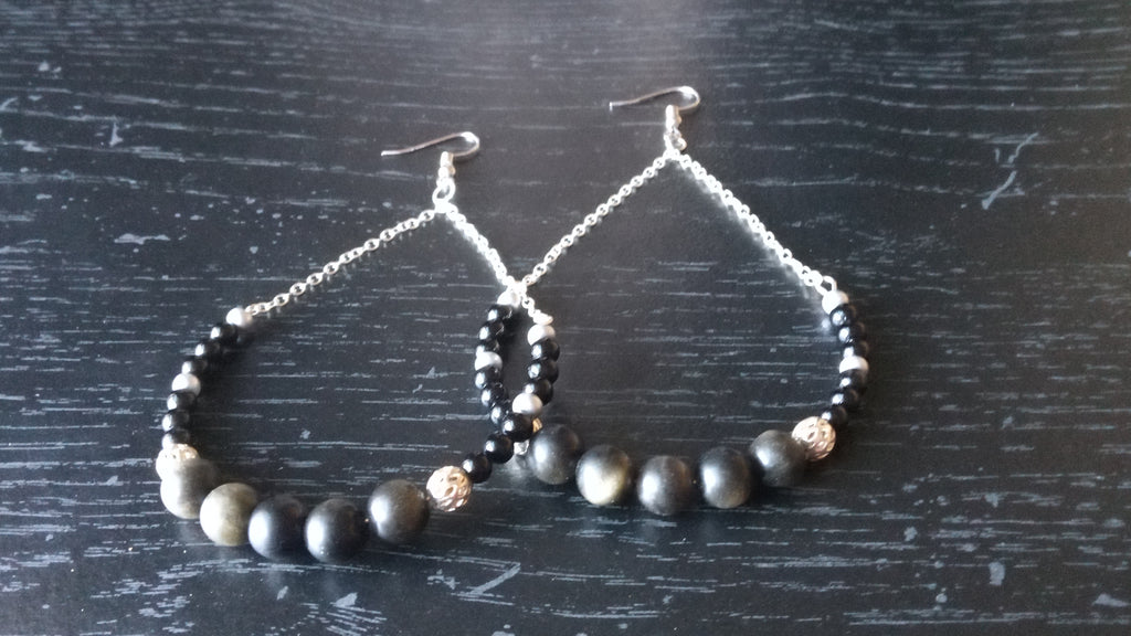 BLACK MOON STONE CHAIN HOOP EARRINGS