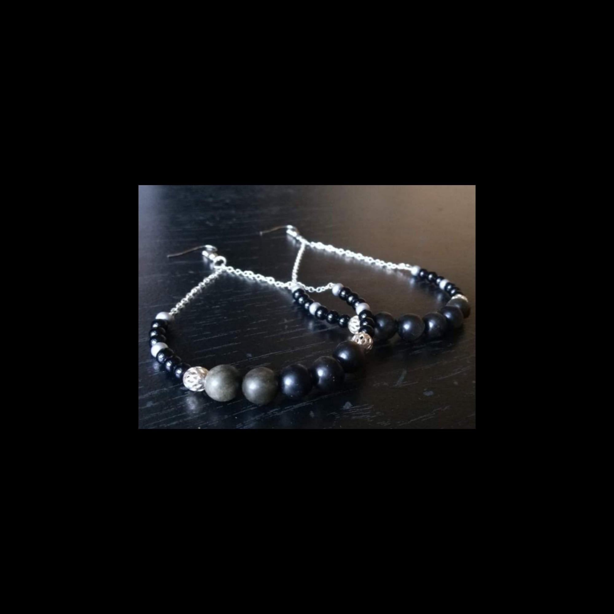 BLACK MOON STONE CHAIN HOOP EARRINGS