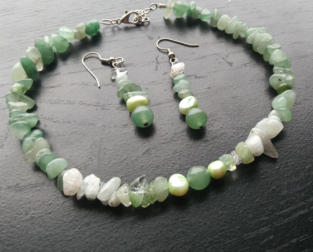 AQUAMARINE & GREEN AVENTURINE collar necklace with earrings