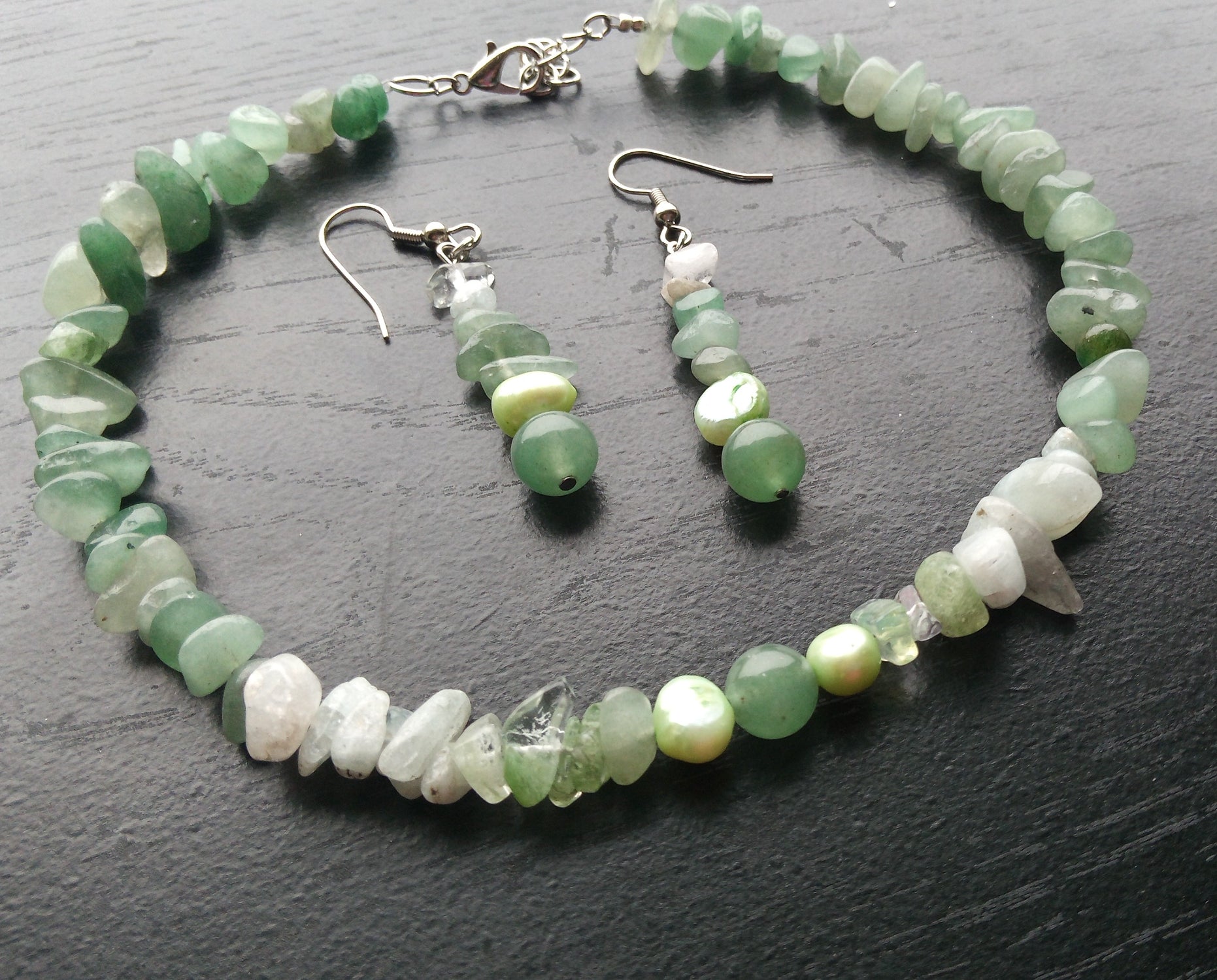 AQUAMARINE & GREEN AVENTURINE collar necklace with earrings