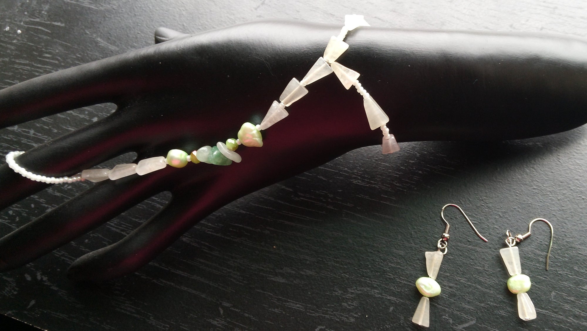 AQUAMARINE & GREEN AVENTURINE hand bracelet earring set