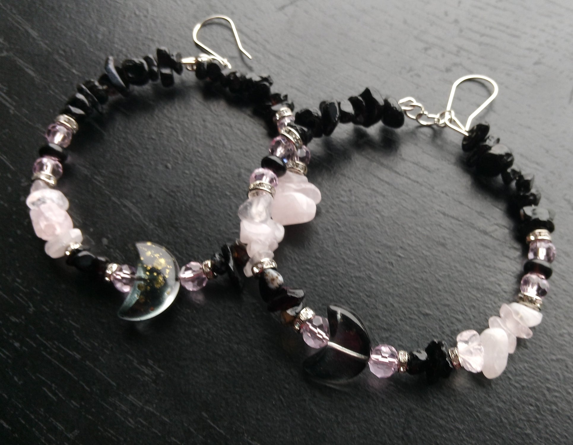 ROSE QUARTZ & ONXY moon hoops