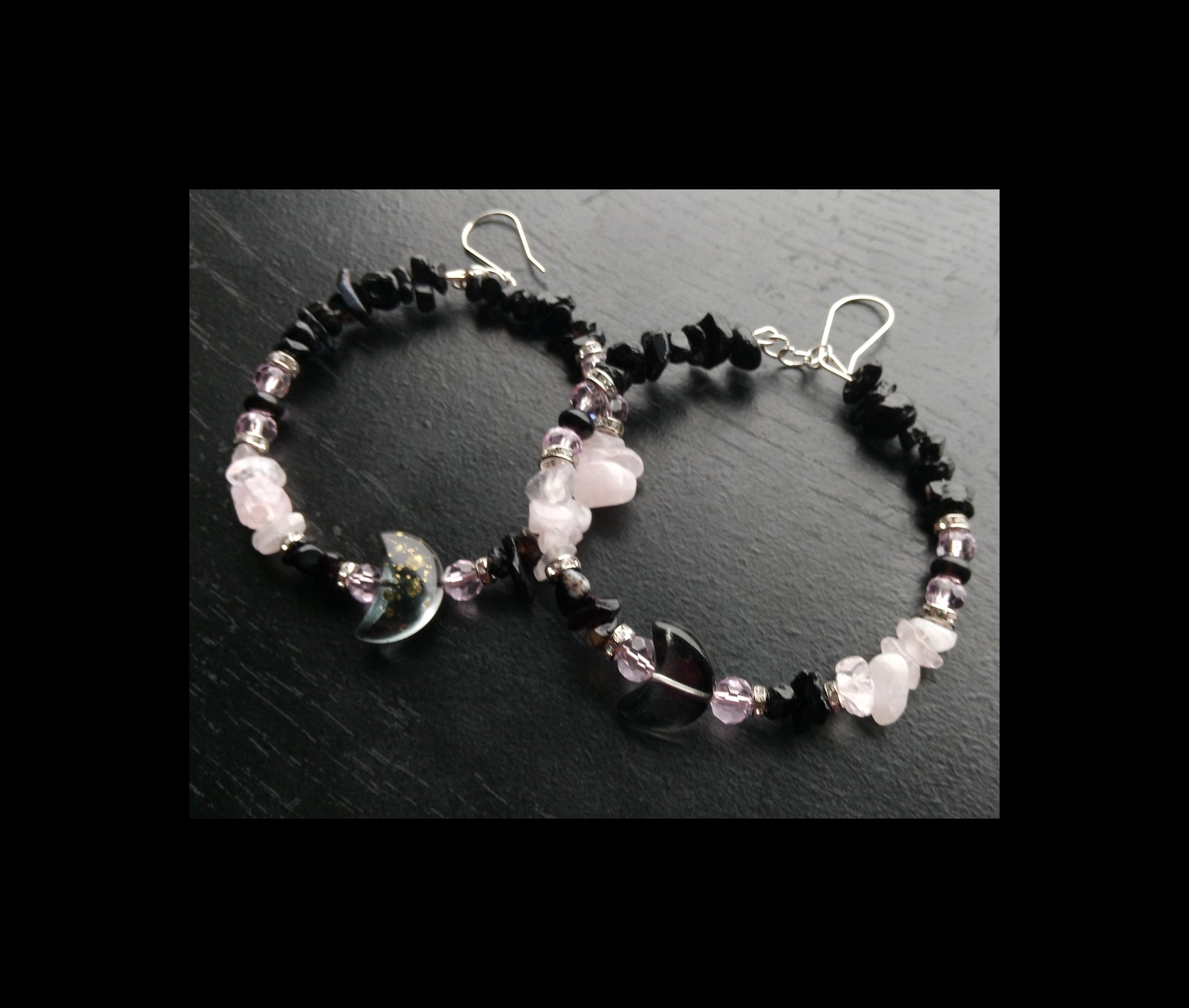 ROSE QUARTZ & ONXY moon hoops