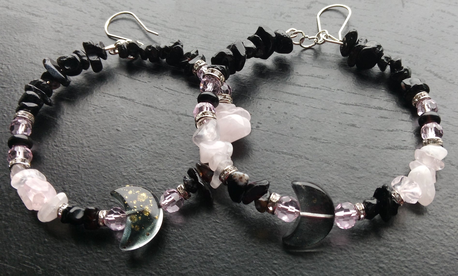 ROSE QUARTZ & ONXY moon hoops
