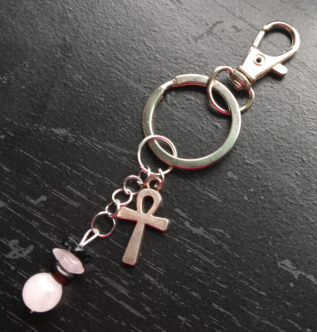 ROSE QUARTZ & ONXY keychain /purse charm