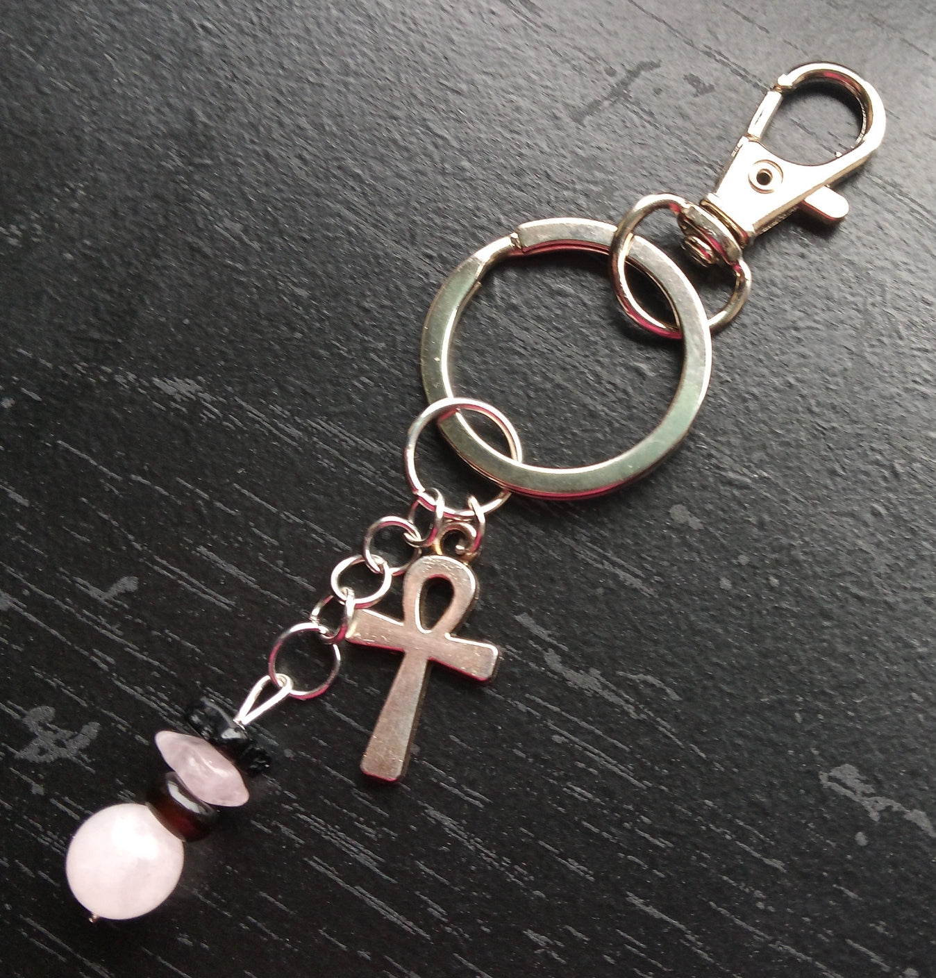 ROSE QUARTZ & ONXY keychain /purse charm