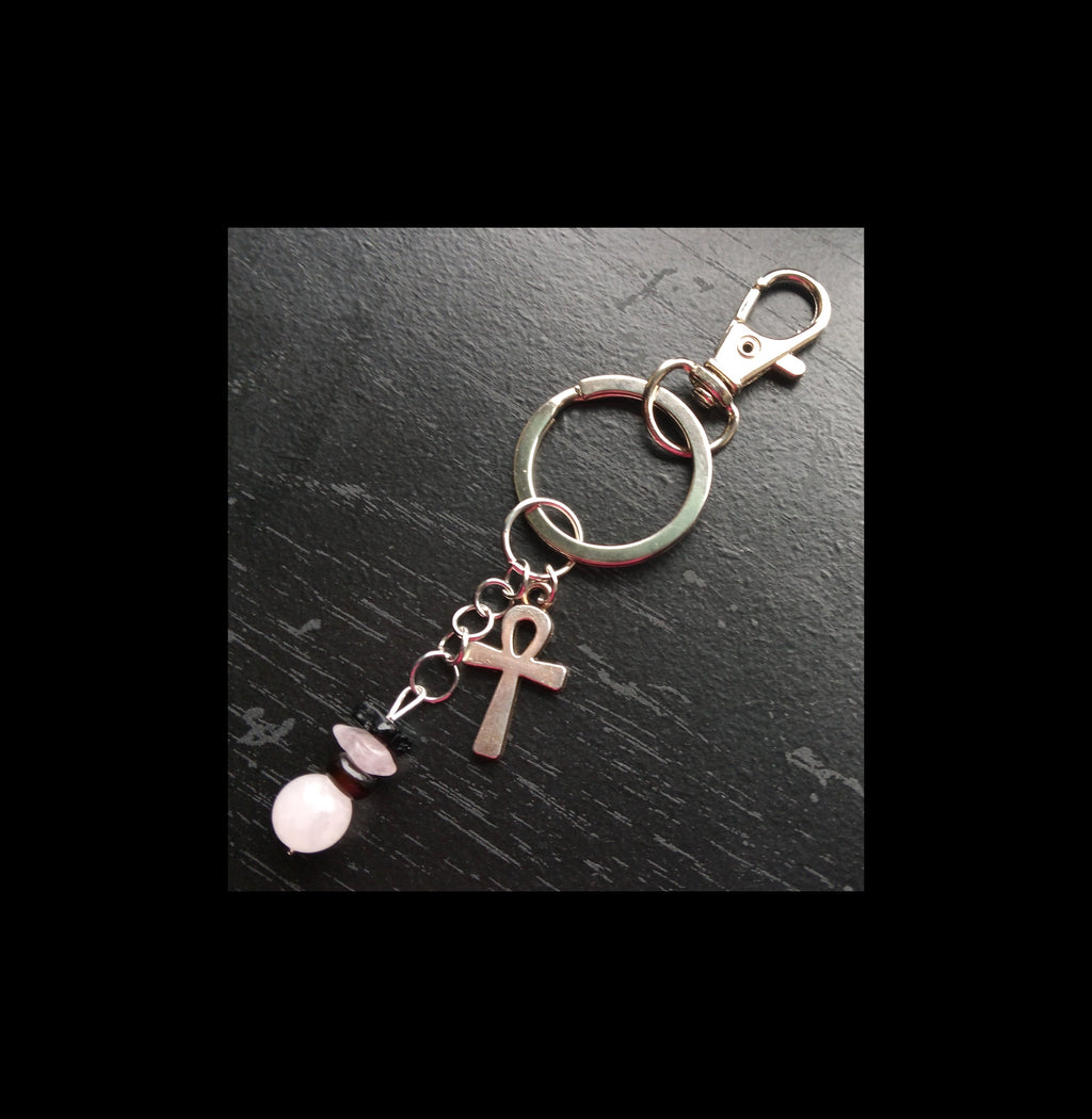 ROSE QUARTZ & ONXY keychain /purse charm