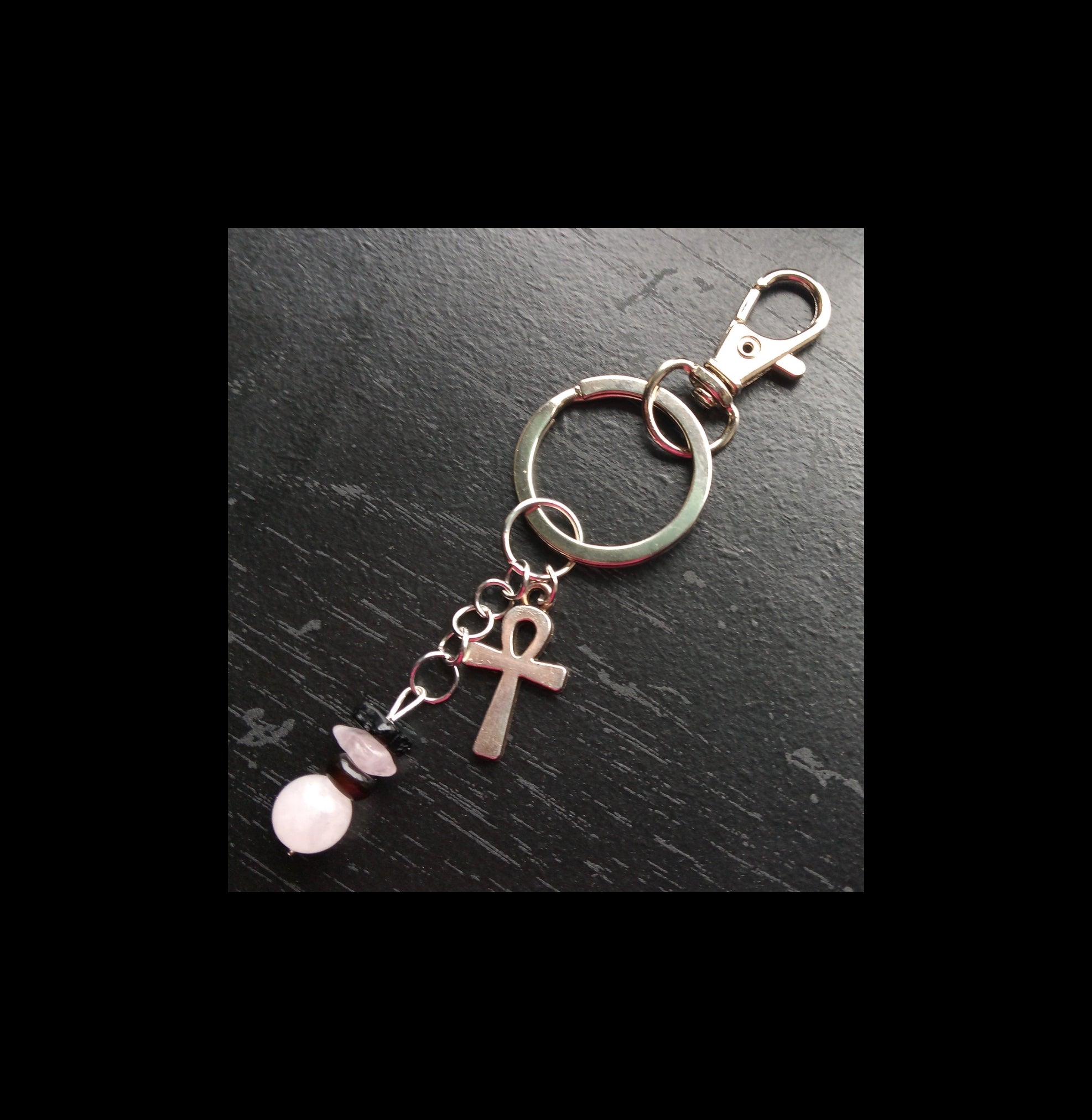 ROSE QUARTZ & ONXY keychain /purse charm