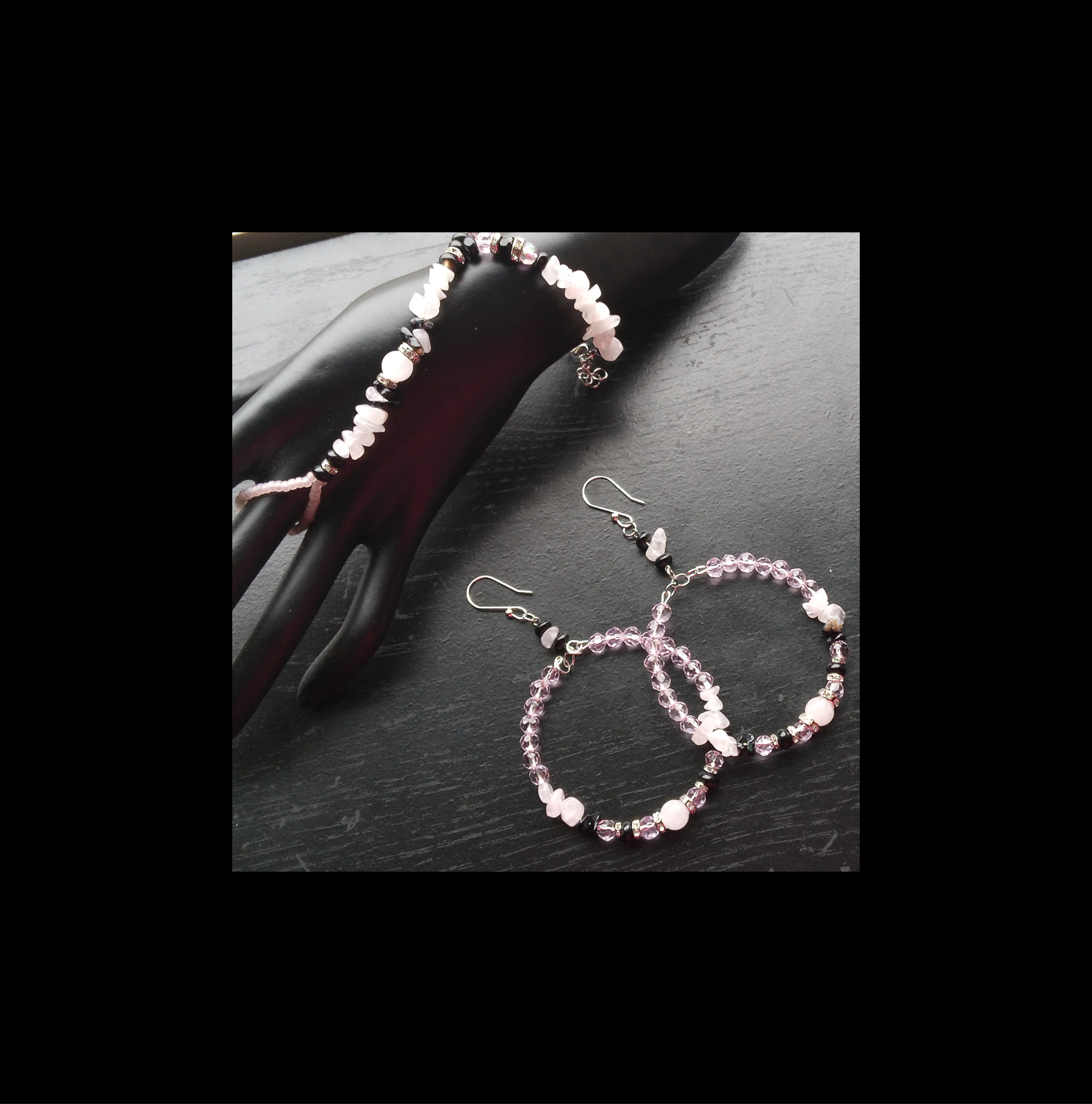 ROSE QUARTZ & ONXY hand bracelet hoop earrings