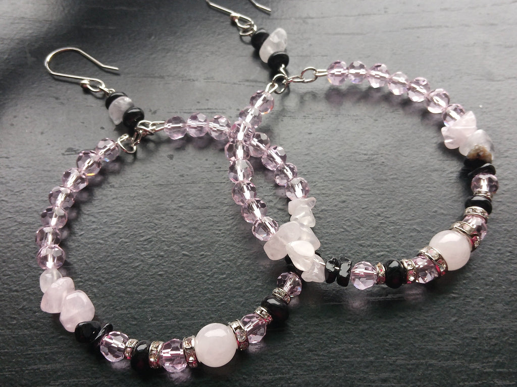 ROSE QUARTZ & ONXY hand bracelet hoop earrings