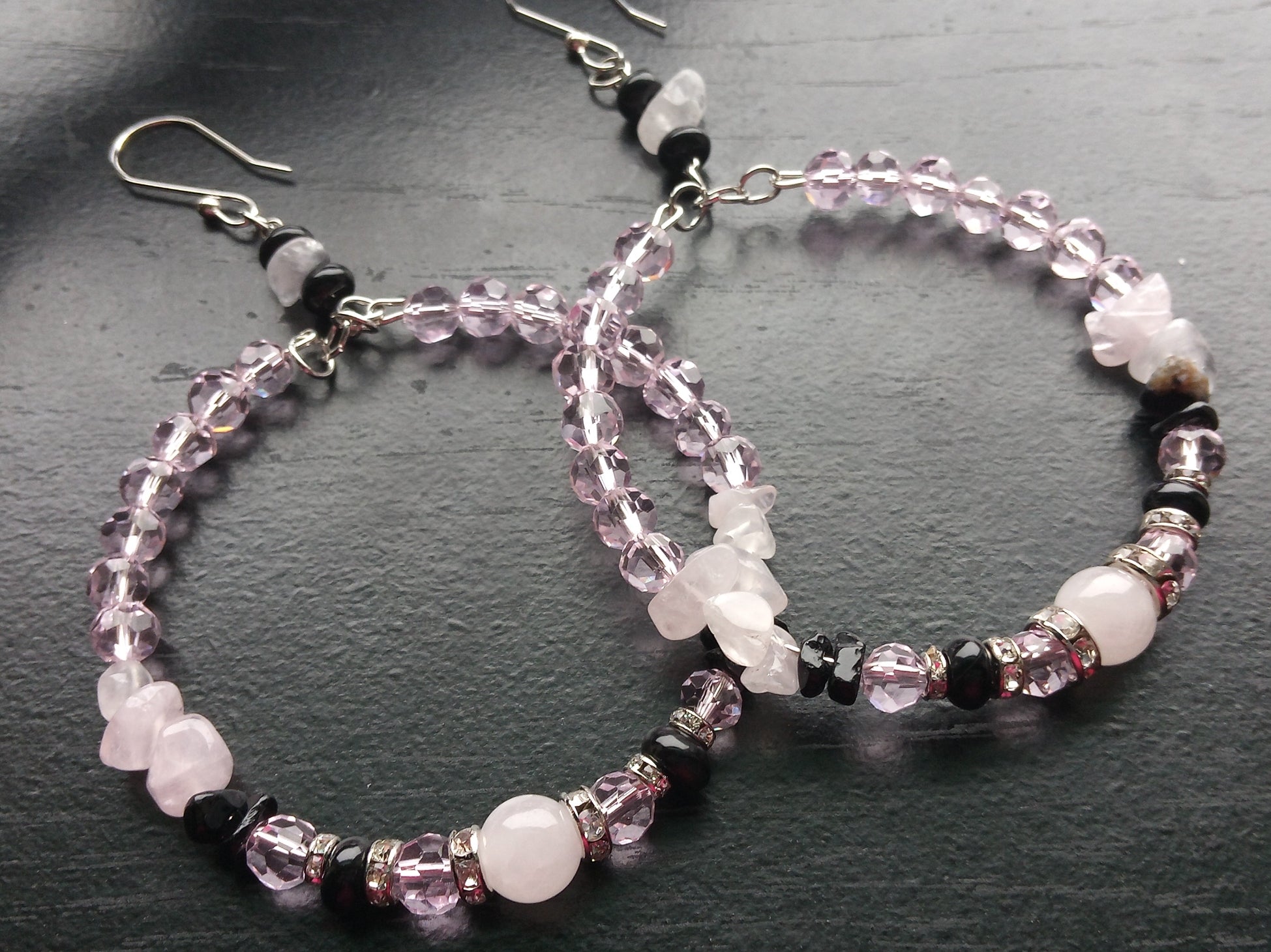 ROSE QUARTZ & ONXY hand bracelet hoop earrings