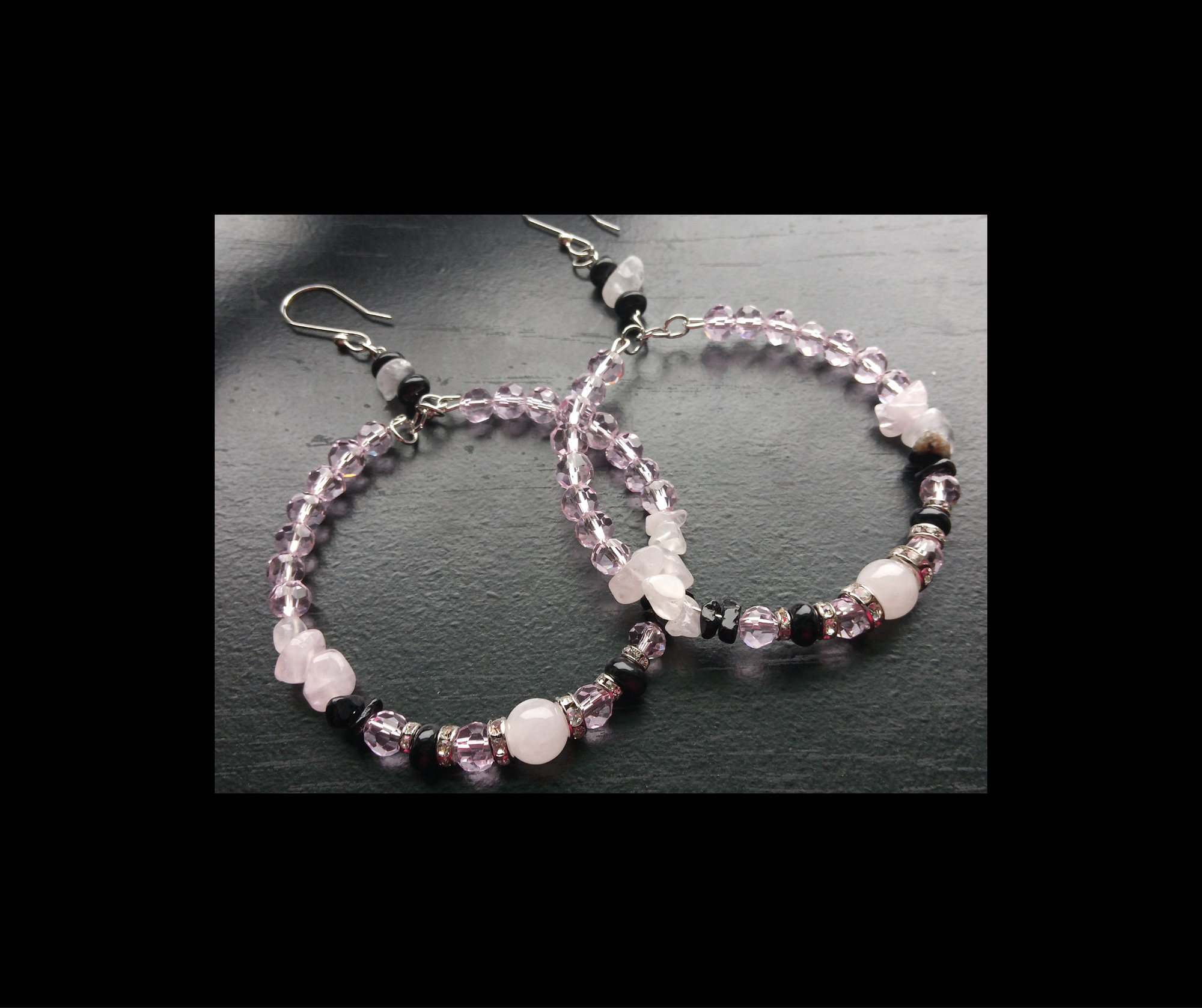 ROSE QUARTZ & ONXY hand bracelet hoop earrings