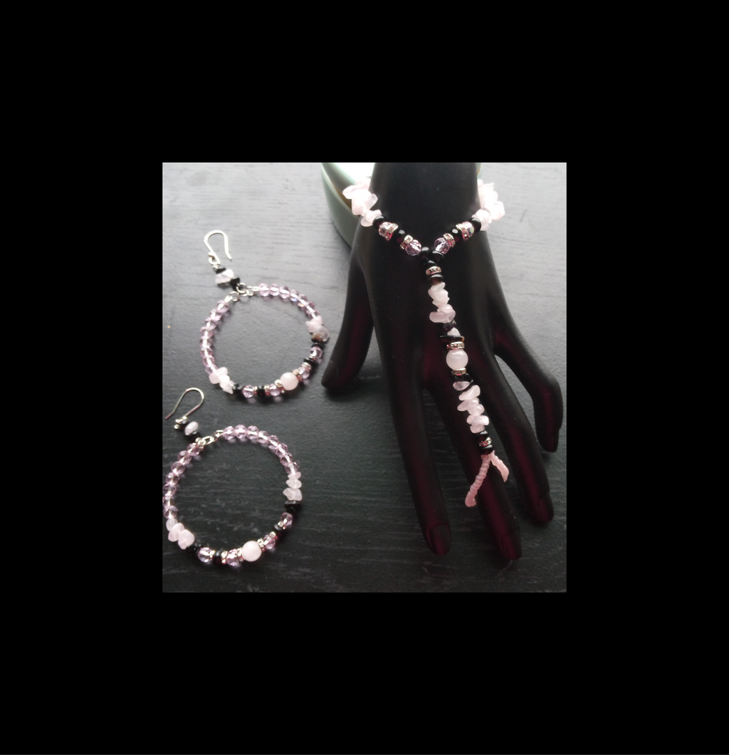 ROSE QUARTZ & ONXY hand bracelet hoop earrings