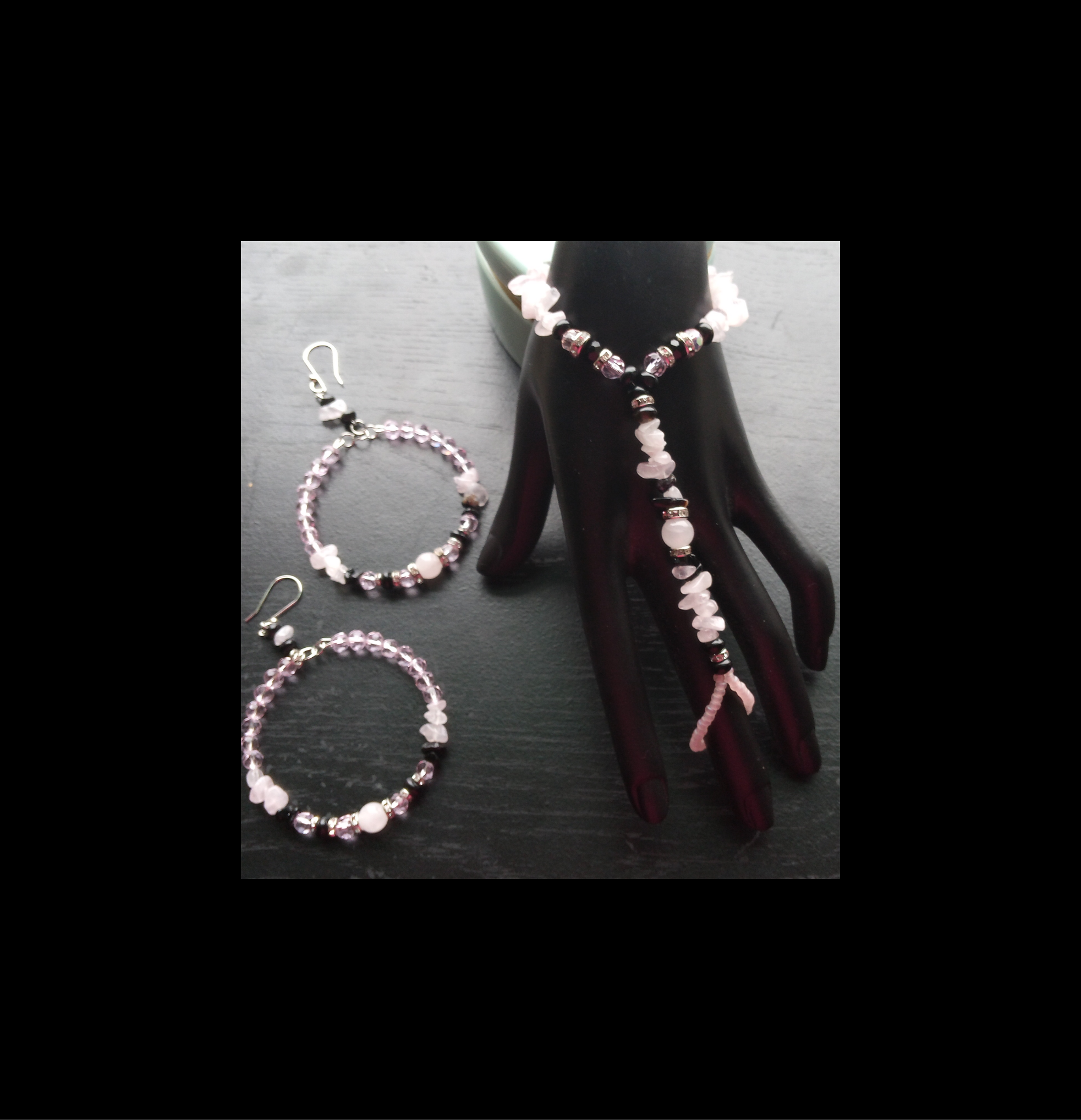 ROSE QUARTZ & ONXY hand bracelet hoop earrings