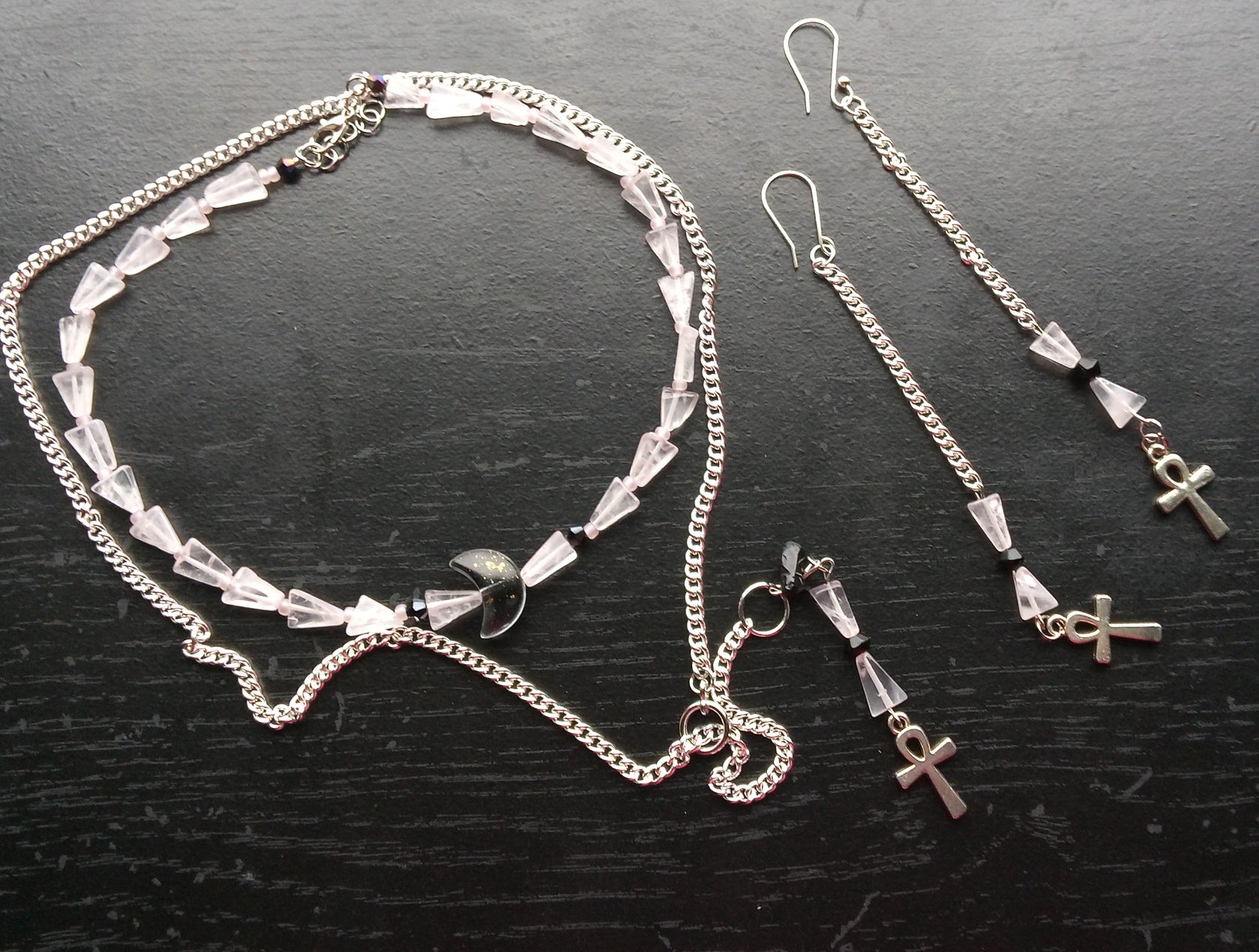 ROSE QUARTZ & ONXY chain body necklace