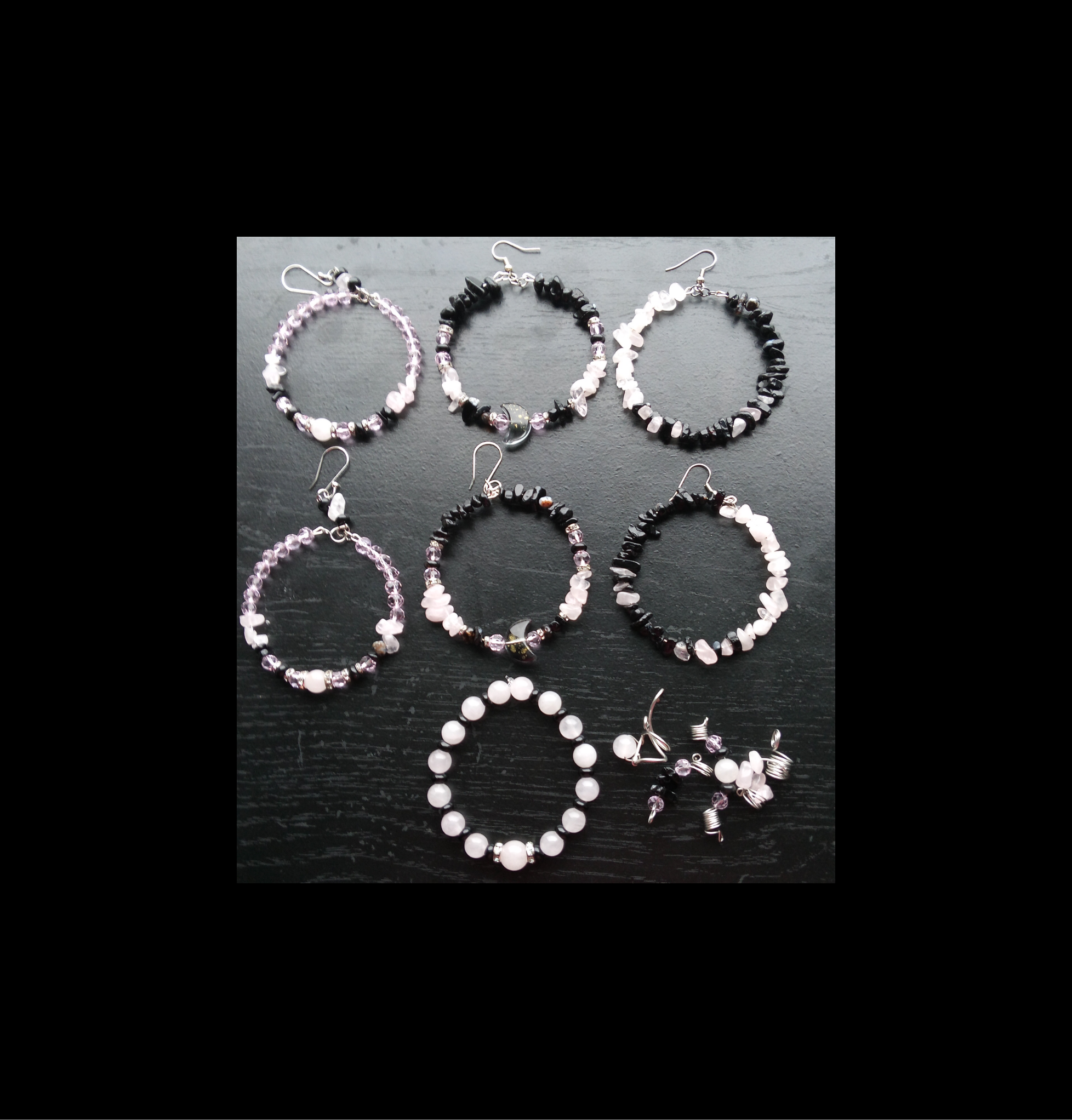 ROSE QUARTZ & ONXY moon hoops