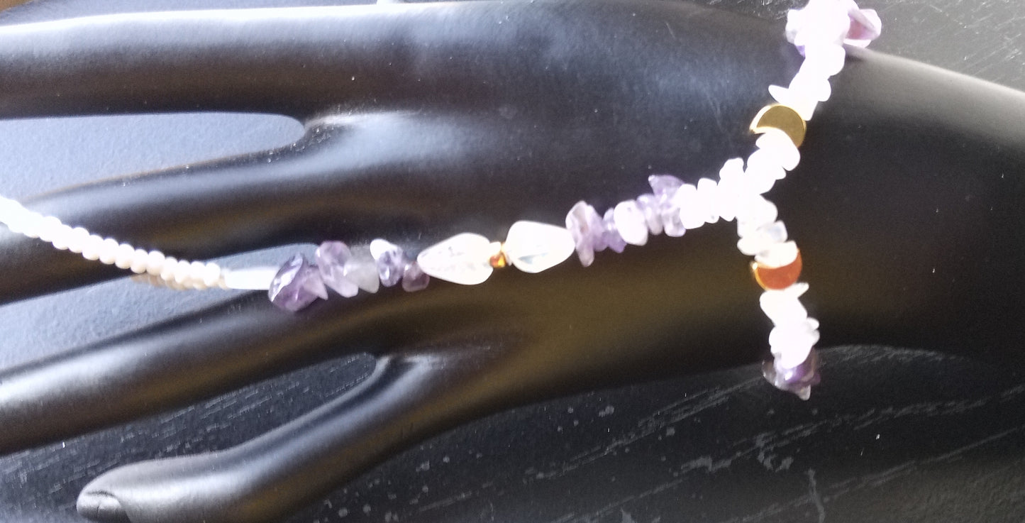 AMETHYST AND MOONSTONE ( hand bracelet & hoop earrings)