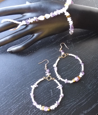 AMETHYST AND MOONSTONE ( hand bracelet & hoop earrings)