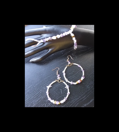 AMETHYST AND MOONSTONE ( hand bracelet & hoop earrings)