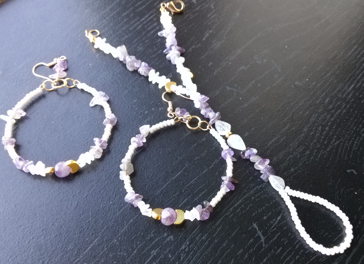 AMETHYST AND MOONSTONE ( hand bracelet & hoop earrings)