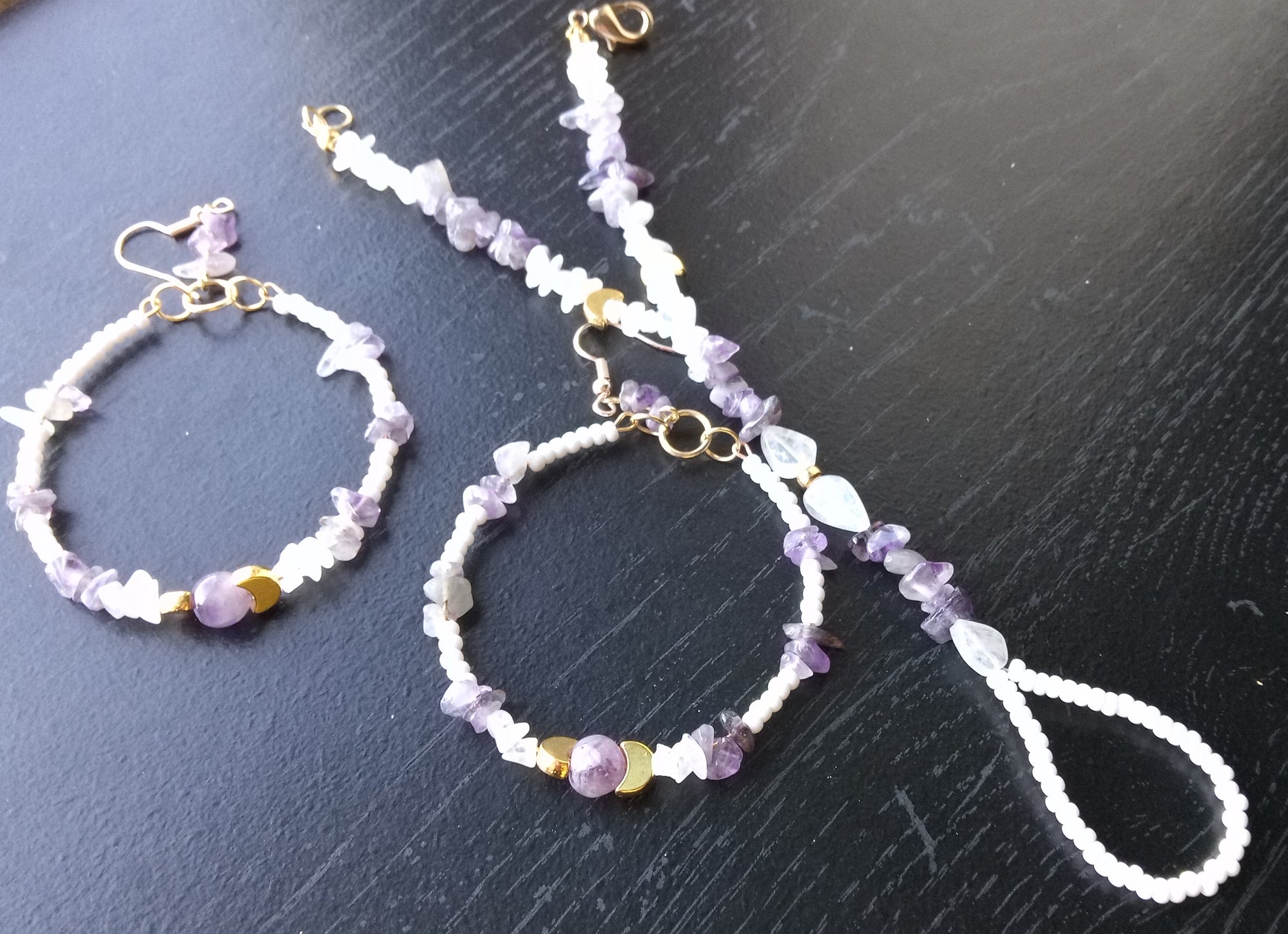 AMETHYST AND MOONSTONE ( hand bracelet & hoop earrings)