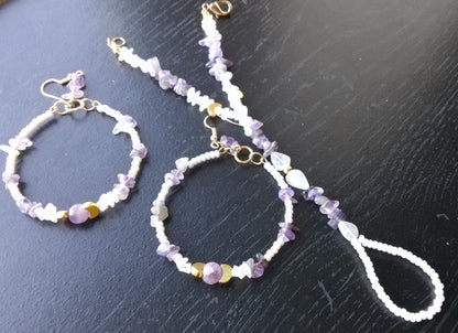 AMETHYST AND MOONSTONE ( hand bracelet & hoop earrings)