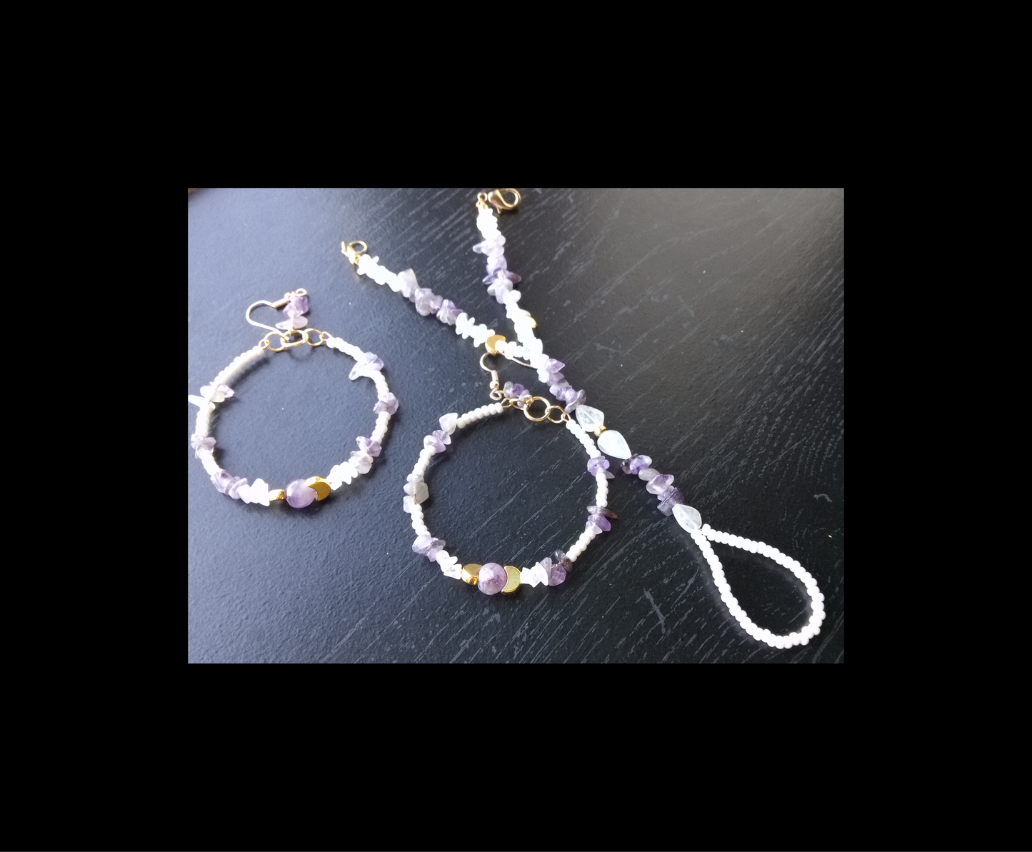 AMETHYST AND MOONSTONE ( hand bracelet & hoop earrings)