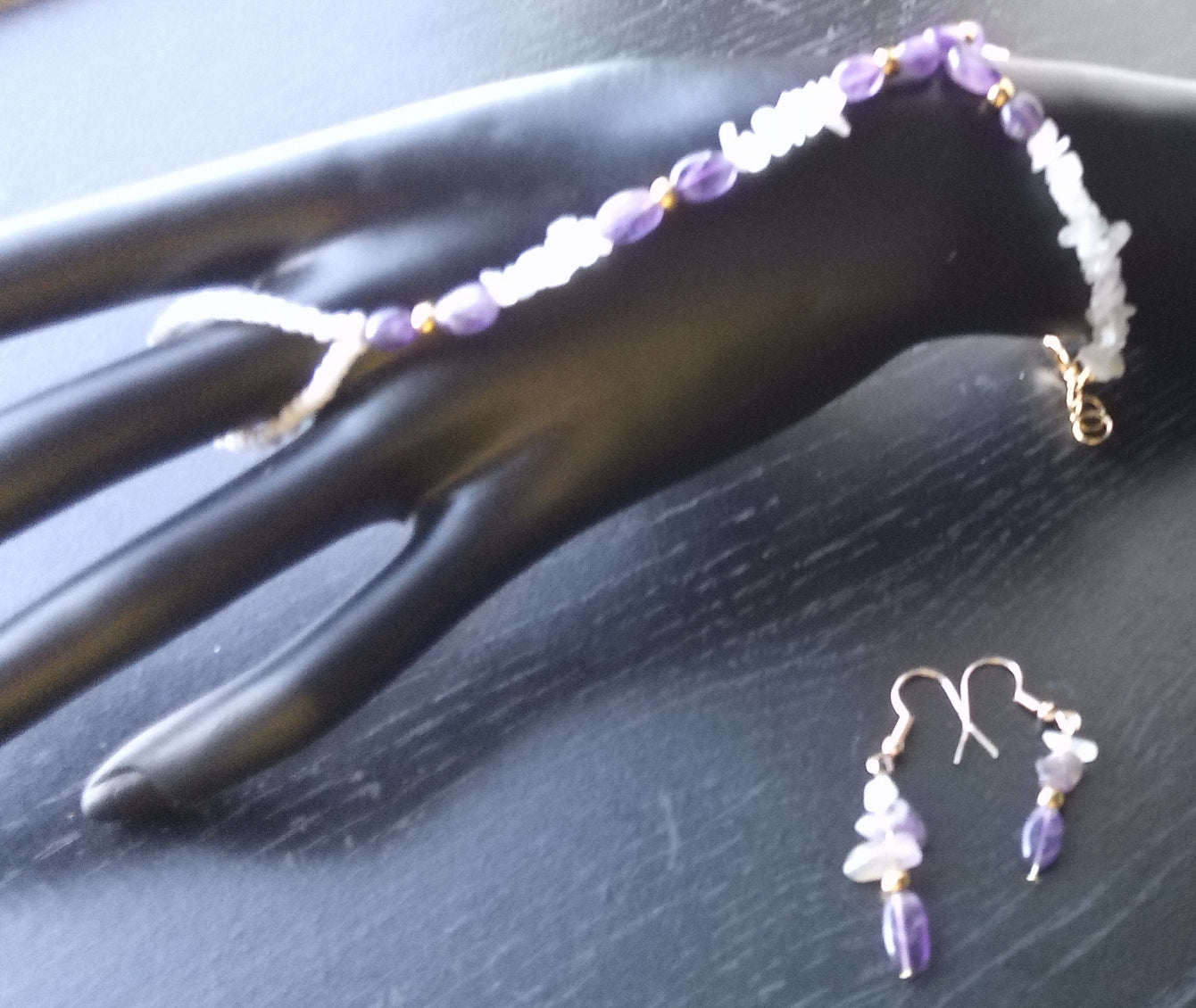 AMETHYST AND MOONSTONE ( HAND BRACELET AND DROP EARRINGS)